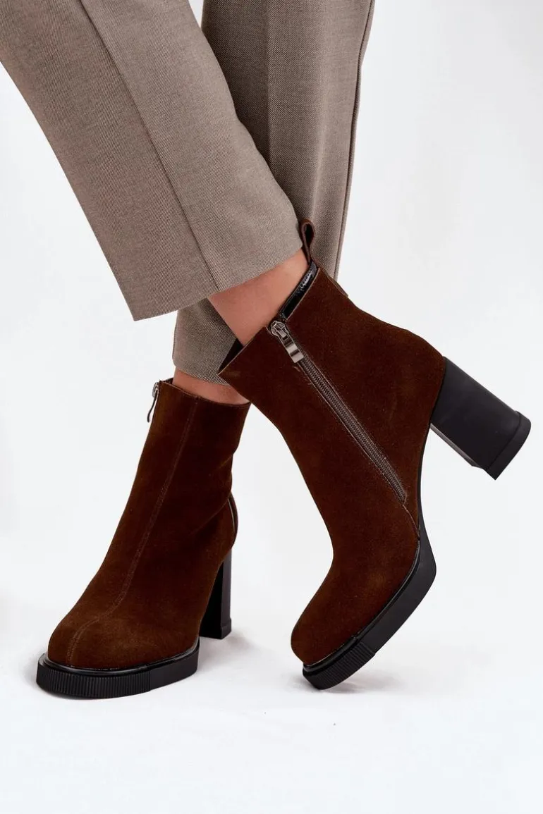 Botki Damskie Z Naturalnego Zamszu Na Słupku Ocieplane Vinceza 91141 Brązowe