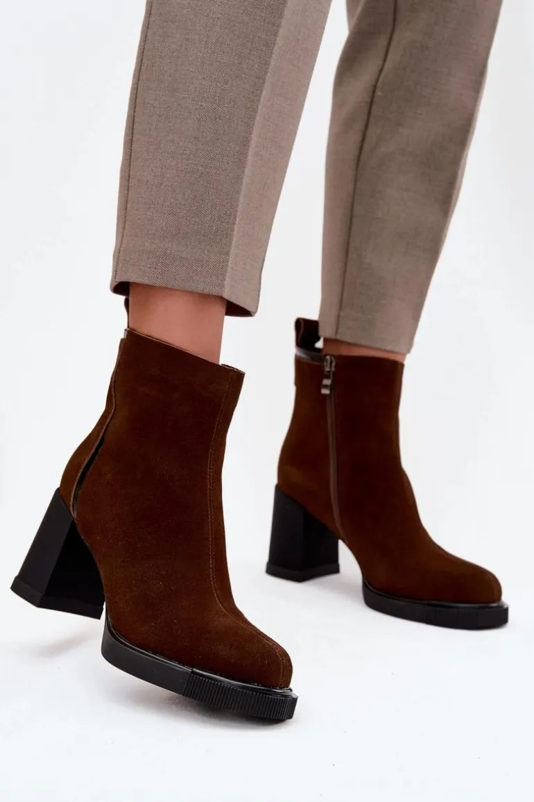 Botki Damskie Z Naturalnego Zamszu Na Słupku Ocieplane Vinceza 91141 Brązowe