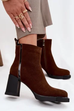Botki Damskie Z Naturalnego Zamszu Na Słupku Ocieplane Vinceza 91141 Brązowe