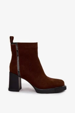 Botki Damskie Z Naturalnego Zamszu Na Słupku Ocieplane Vinceza 91141 Brązowe