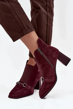 Botki Damskie Z Naturalnego Zamszu Na Słupku Artiker 57C0222 Bordowe