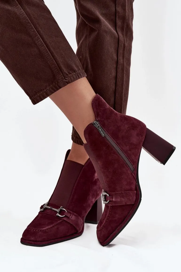 Botki Damskie Z Naturalnego Zamszu Na Słupku Artiker 57C0222 Bordowe