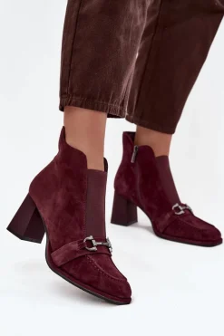 Botki Damskie Z Naturalnego Zamszu Na Słupku Artiker 57C0222 Bordowe
