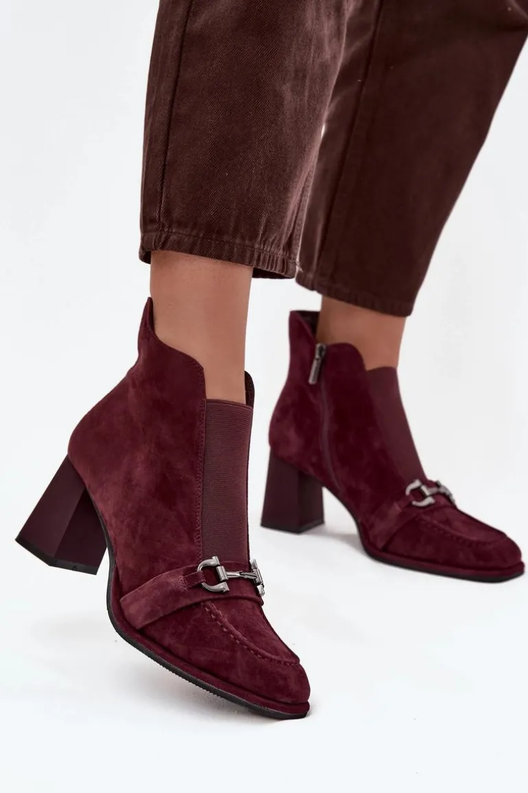 Botki Damskie Z Naturalnego Zamszu Na Słupku Artiker 57C0222 Bordowe