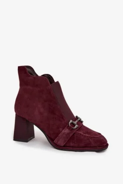 Botki Damskie Z Naturalnego Zamszu Na Słupku Artiker 57C0222 Bordowe