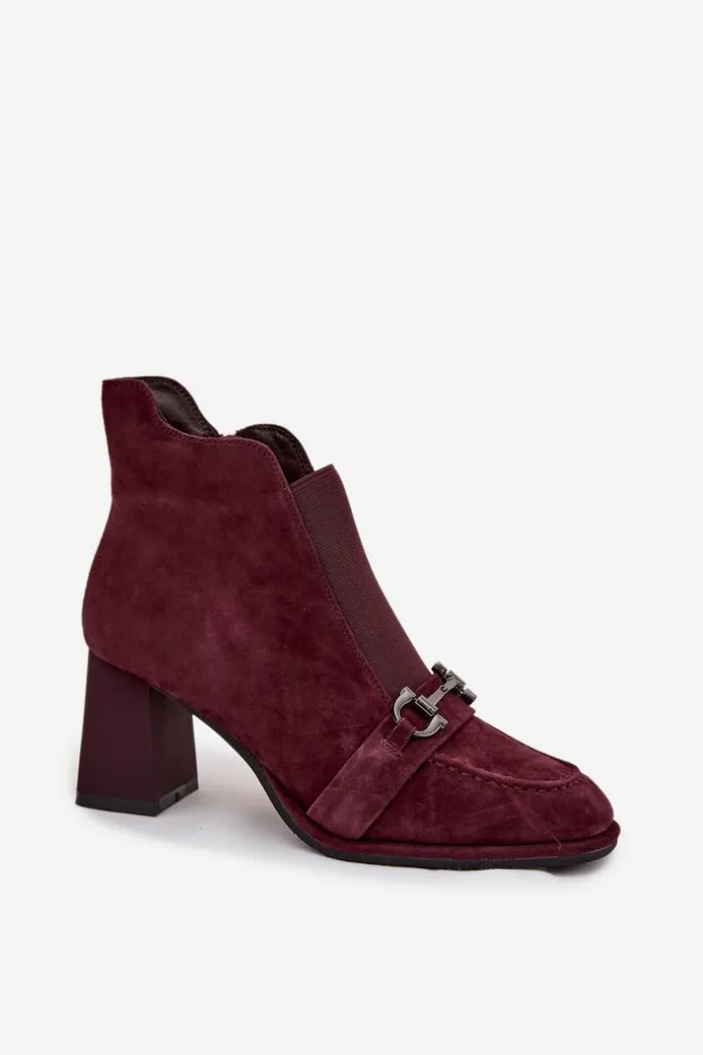 Botki Damskie Z Naturalnego Zamszu Na Słupku Artiker 57C0222 Bordowe