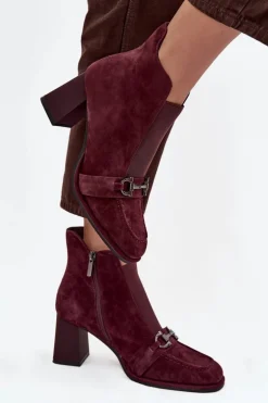 Botki Damskie Z Naturalnego Zamszu Na Słupku Artiker 57C0222 Bordowe