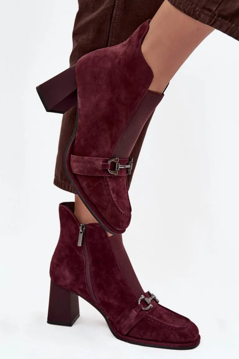 Botki Damskie Z Naturalnego Zamszu Na Słupku Artiker 57C0222 Bordowe