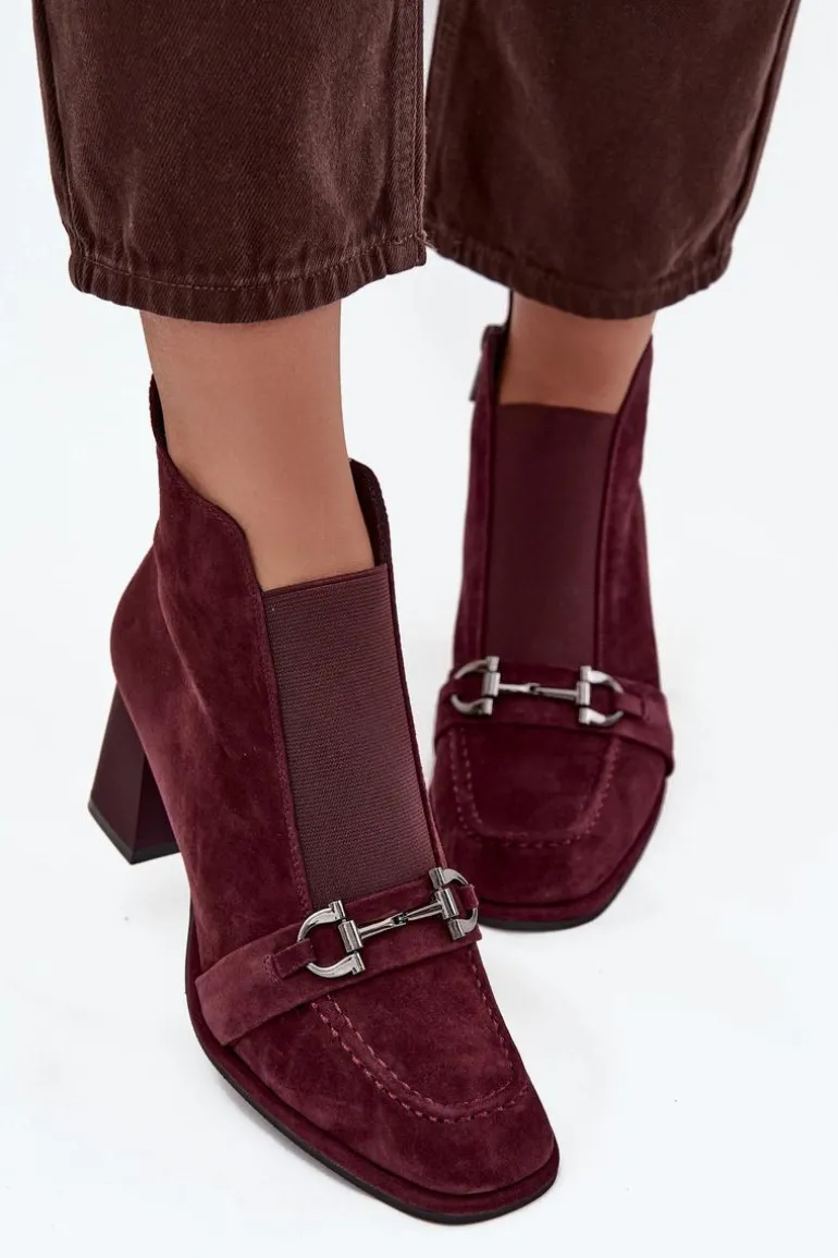 Botki Damskie Z Naturalnego Zamszu Na Słupku Artiker 57C0222 Bordowe