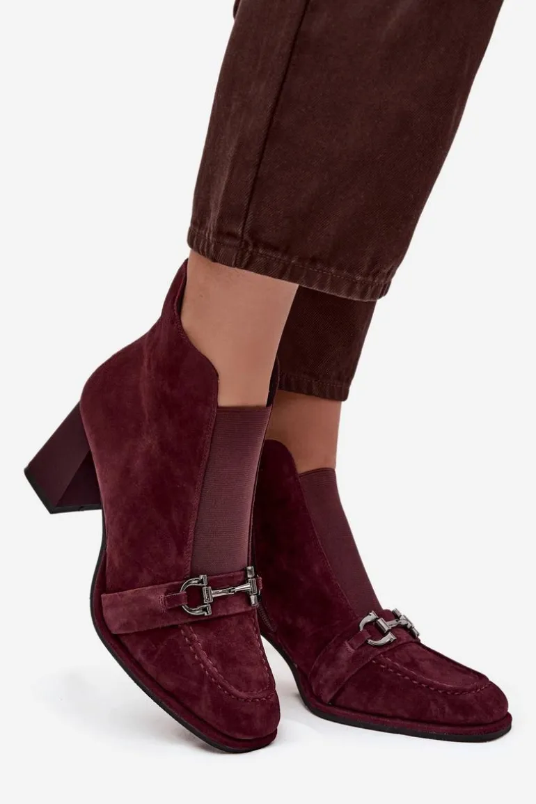 Botki Damskie Z Naturalnego Zamszu Na Słupku Artiker 57C0222 Bordowe