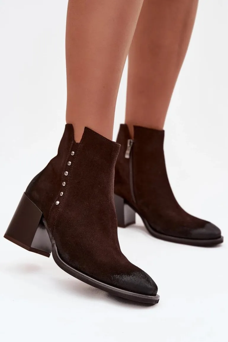 Botki Damskie Z Naturalnego Zamszu Na Słupku Zazoo 1136 Czekoladowe