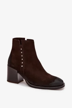 Botki Damskie Z Naturalnego Zamszu Na Słupku Zazoo 1136 Czekoladowe