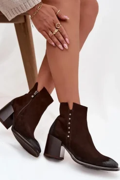 Botki Damskie Z Naturalnego Zamszu Na Słupku Zazoo 1136 Czekoladowe