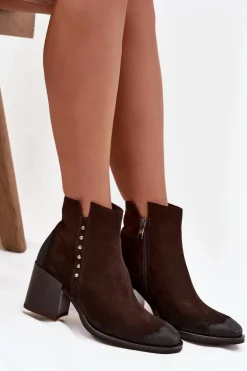 Botki Damskie Z Naturalnego Zamszu Na Słupku Zazoo 1136 Czekoladowe