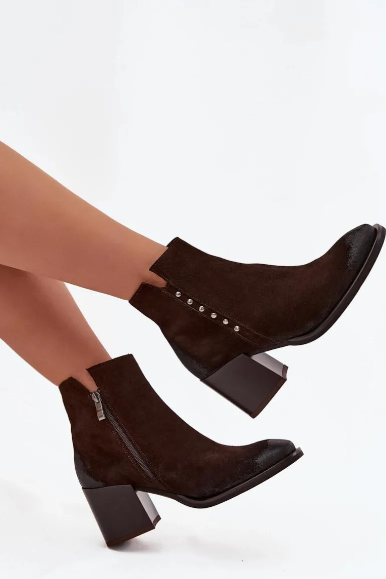 Botki Damskie Z Naturalnego Zamszu Na Słupku Zazoo 1136 Czekoladowe