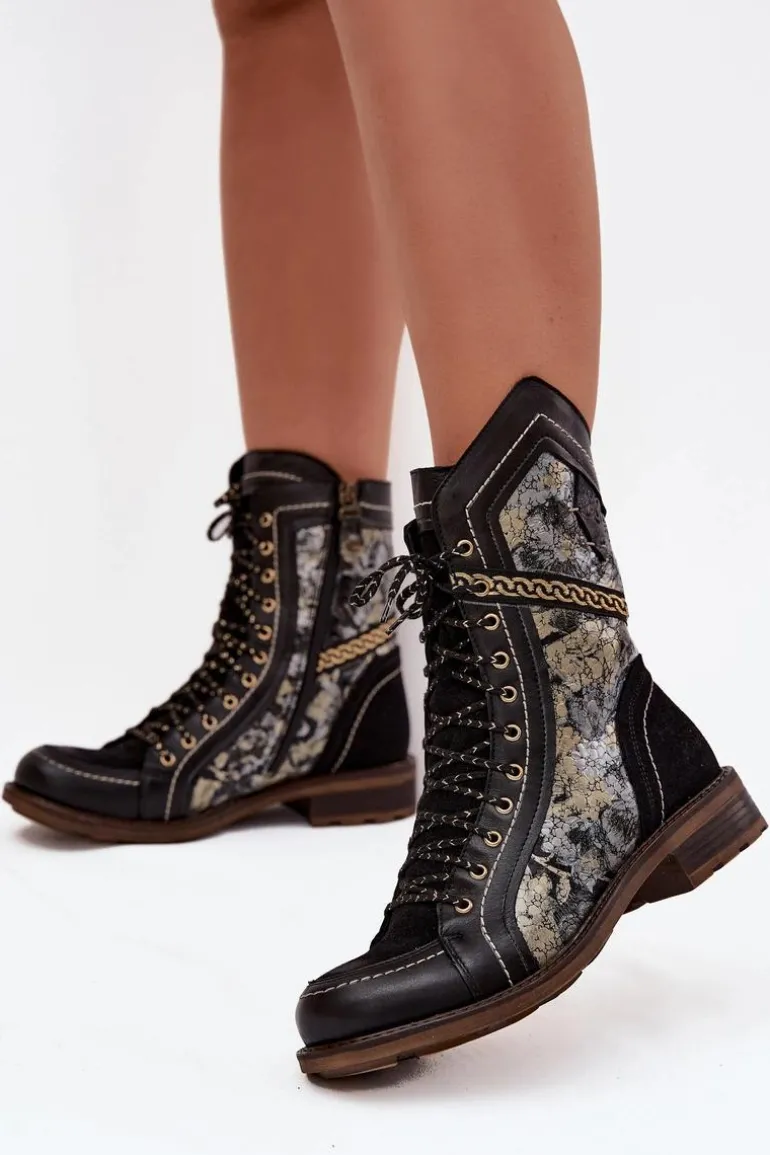 Botki Damskie Z Naturalnej Skóry Maciejka 07097-01 Czarno-Złote