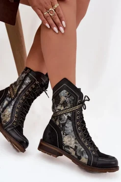 Botki Damskie Z Naturalnej Skóry Maciejka 07097-01 Czarno-Złote