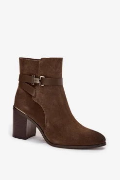 Botki Damskie Z Naturalnego Zamszu Na Słupku Ocieplane Sergio Leone BT25384-S Khaki