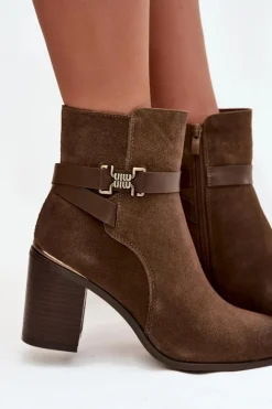 Botki Damskie Z Naturalnego Zamszu Na Słupku Ocieplane Sergio Leone BT25384-S Khaki