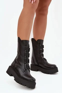 Botki Damskie Z Naturalnej Skóry Na Platformie Zazoo 3795 Czarne