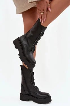 Botki Damskie Z Naturalnej Skóry Na Platformie Zazoo 3795 Czarne