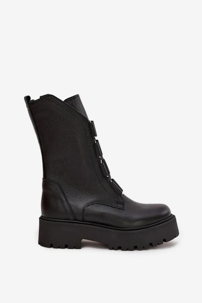 Botki Damskie Z Naturalnej Skóry Na Platformie Zazoo 3795 Czarne