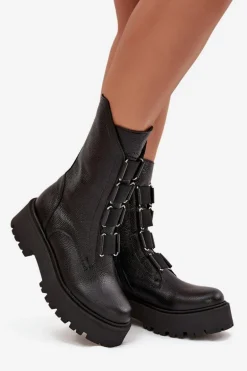 Botki Damskie Z Naturalnej Skóry Na Platformie Zazoo 3795 Czarne