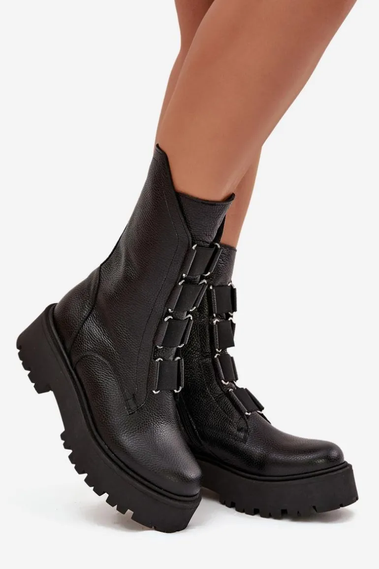 Botki Damskie Z Naturalnej Skóry Na Platformie Zazoo 3795 Czarne