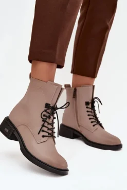 Botki Damskie Z Naturalnej Skóry Na Niskim Obcasie Ocieplane Vinceza 39955 Beżowe