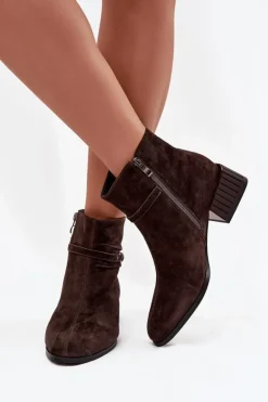 Botki Damskie Z Naturalnego Zamszu Na Klocku Ocieplane D&A CR52-651 Czekoladowe