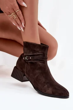 Botki Damskie Z Naturalnego Zamszu Na Klocku Ocieplane D&A CR52-651 Czekoladowe