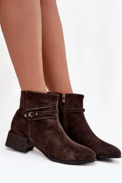 Botki Damskie Z Naturalnego Zamszu Na Klocku Ocieplane D&A CR52-651 Czekoladowe
