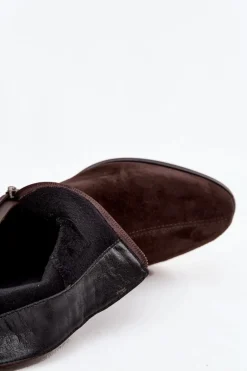 Botki Damskie Z Naturalnego Zamszu Na Klocku Ocieplane D&A CR52-651 Czekoladowe