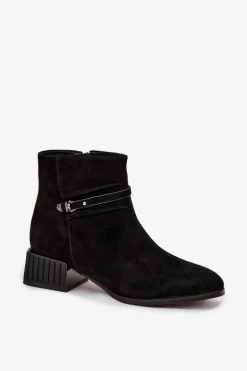 Botki Damskie Z Naturalnego Zamszu Na Klocku Ocieplane D&A CR52-651 Czarne