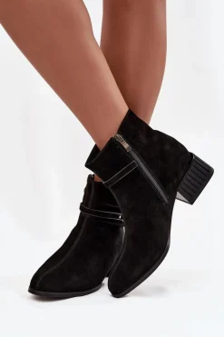 Botki Damskie Z Naturalnego Zamszu Na Klocku Ocieplane D&A CR52-651 Czarne