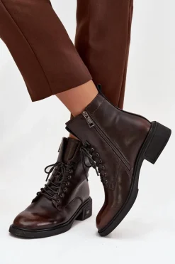 Botki Damskie Z Naturalnej Skóry Na Niskim Obcasie Ocieplane Vinceza 39955 Czekoladowe