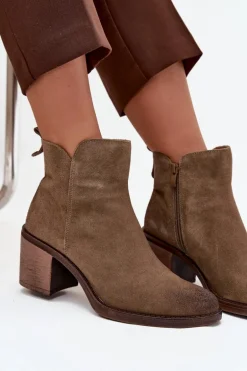 Botki Damskie Z Naturalnego Zamsz Na Słupku Ocieplane Sergio Leone BT25321-S Khaki