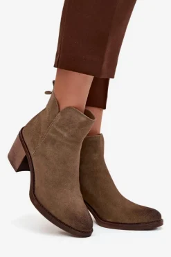 Botki Damskie Z Naturalnego Zamsz Na Słupku Ocieplane Sergio Leone BT25321-S Khaki