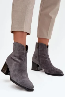 Botki Damskie Z Naturalnego Zamszu Na Obcasie Ocieplane Vinceza 66806 Szare