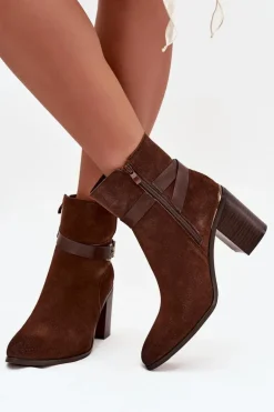 Botki Damskie Z Naturalnego Zamszu Na Słupku Ocieplane Sergio Leone BT25384-S Brązowe