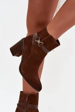 Botki Damskie Z Naturalnego Zamszu Na Słupku Ocieplane Sergio Leone BT25384-S Brązowe