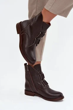 Botki Damskie Z Naturalnej Skóry Na Płaskim Obcasie Zazoo 3842 Czekoladowe