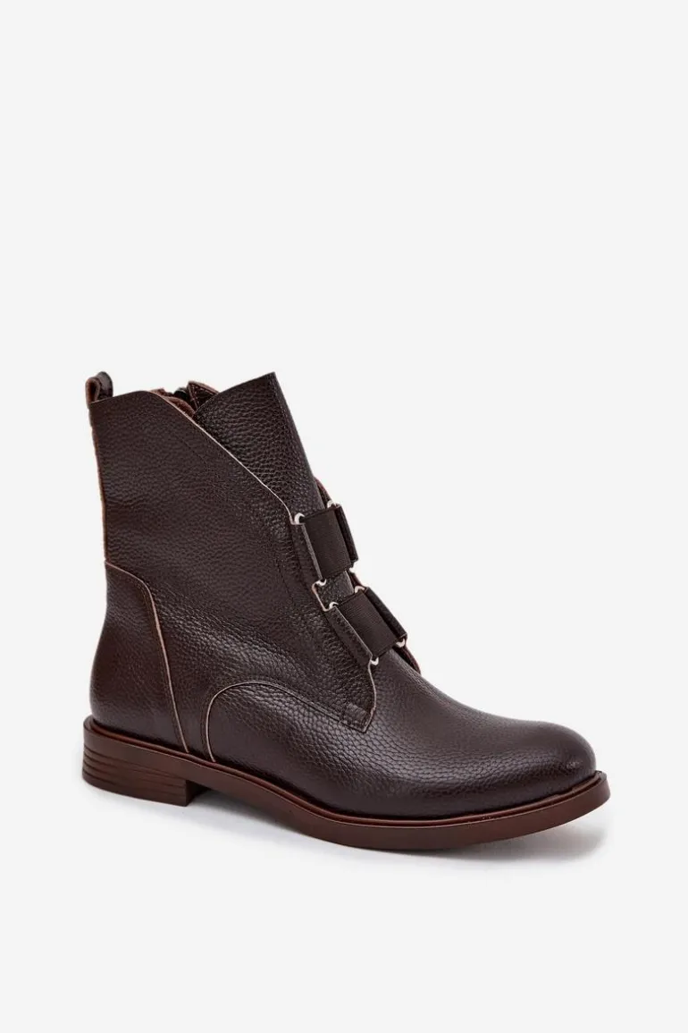 Botki Damskie Z Naturalnej Skóry Na Płaskim Obcasie Zazoo 3842 Czekoladowe