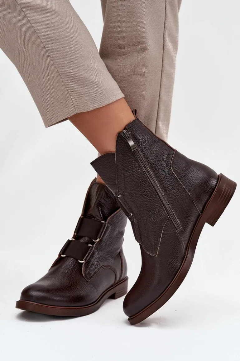 Botki Damskie Z Naturalnej Skóry Na Płaskim Obcasie Zazoo 3842 Czekoladowe