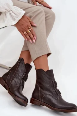 Botki Damskie Z Naturalnej Skóry Na Płaskim Obcasie Zazoo 3842 Czekoladowe