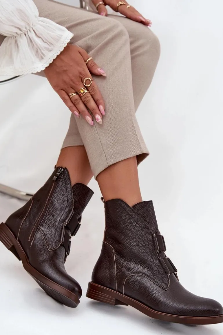 Botki Damskie Z Naturalnej Skóry Na Płaskim Obcasie Zazoo 3842 Czekoladowe