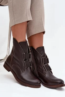 Botki Damskie Z Naturalnej Skóry Na Płaskim Obcasie Zazoo 3842 Czekoladowe