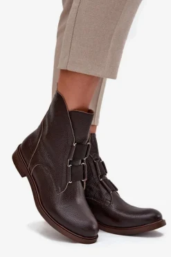 Botki Damskie Z Naturalnej Skóry Na Płaskim Obcasie Zazoo 3842 Czekoladowe