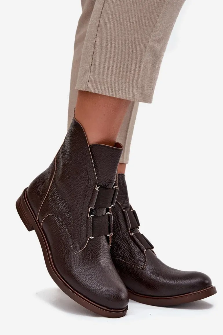 Botki Damskie Z Naturalnej Skóry Na Płaskim Obcasie Zazoo 3842 Czekoladowe