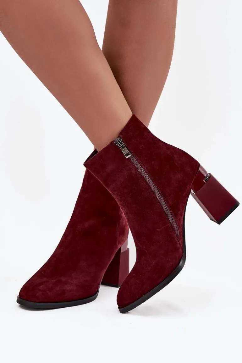 Botki Damskie Z Naturalnego Zamszu Na Słupku Ocieplane D&A CR52-718 Bordowe